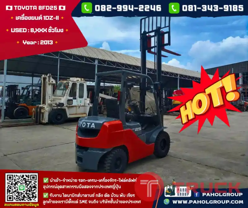 โฟล์คลิฟท์ TOYOTA 8FD25 เครื่อง1DZ-II ดีเซล ยกสูง3เมตร ไม่เคยใช้ในไทยเช่าฟอล์คลิฟท์ กรุงเทพ นนทบุรี ปทุมธานี ชมเครื่องจักร โฟล์คลิฟท์ รอก นับ1000รายการจากญี่ปุ่นWWW.PAHOLGROUP.COM