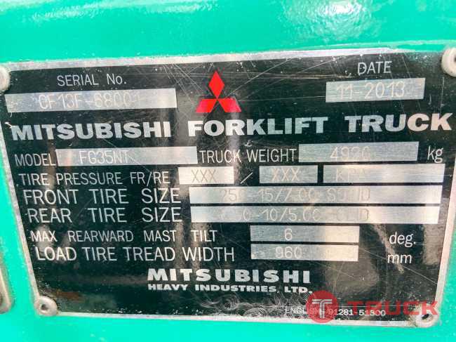 รถฟอร์คลิฟท์ 3.5ตัน MITSUBISHI รุ่น:FG35NT ซีเรียล:CF13F-68001 ปี:2013 ชั่วโมง:6140 เสาสูง4เมตร งาขยับได้ เข้าตู้คอนเทนเนอร์ได้